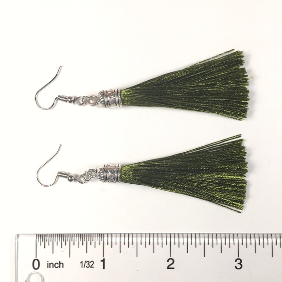 Olive Green Tassel Drop Earrings - Picture 2 of 2